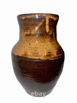 Vintage Studio Pottery 8 Inch Brown Drip Glaze Vase Signed Artist Miller
