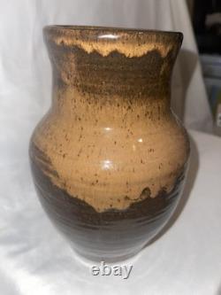 Vintage Studio Pottery 8 Inch Brown Drip Glaze Vase Signed Artist Miller