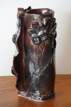 Vintage Studio Pottery Abstract Sculptural Vase Brutalist Art Ceramic Red Black