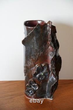 Vintage Studio Pottery Abstract Sculptural Vase Brutalist Art Ceramic Red Black