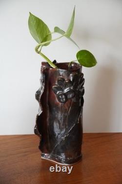 Vintage Studio Pottery Abstract Sculptural Vase Brutalist Art Ceramic Red Black