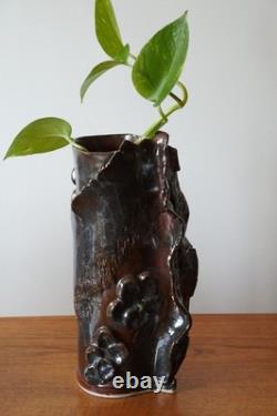 Vintage Studio Pottery Abstract Sculptural Vase Brutalist Art Ceramic Red Black