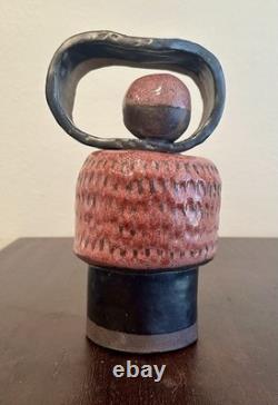 Vintage Studio Pottery Abstract Sculpture Vessel Pink Black Modernist Art 10H