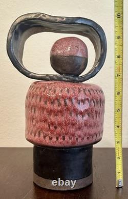 Vintage Studio Pottery Abstract Sculpture Vessel Pink Black Modernist Art 10H
