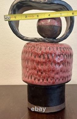 Vintage Studio Pottery Abstract Sculpture Vessel Pink Black Modernist Art 10H