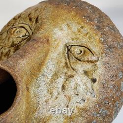 Vintage Studio Pottery Brutalist Organic Textured Face Vase Sculpture Abstract