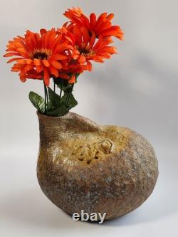 Vintage Studio Pottery Brutalist Organic Textured Face Vase Sculpture Abstract