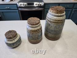 Vintage Studio Pottery Cannister Vase Utensil Holder Set Cork Tops Artist Stamp