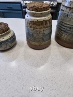 Vintage Studio Pottery Cannister Vase Utensil Holder Set Cork Tops Artist Stamp