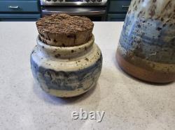 Vintage Studio Pottery Cannister Vase Utensil Holder Set Cork Tops Artist Stamp