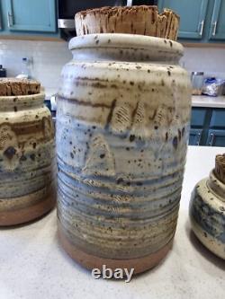Vintage Studio Pottery Cannister Vase Utensil Holder Set Cork Tops Artist Stamp