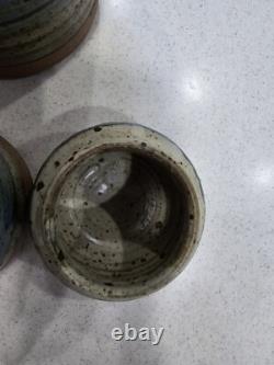 Vintage Studio Pottery Cannister Vase Utensil Holder Set Cork Tops Artist Stamp