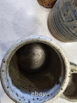 Vintage Studio Pottery Cannister Vase Utensil Holder Set Cork Tops Artist Stamp
