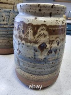 Vintage Studio Pottery Cannister Vase Utensil Holder Set Cork Tops Artist Stamp