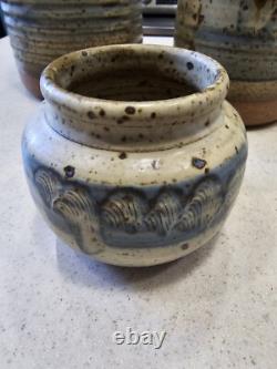 Vintage Studio Pottery Cannister Vase Utensil Holder Set Cork Tops Artist Stamp