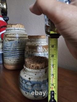 Vintage Studio Pottery Cannister Vase Utensil Holder Set Cork Tops Artist Stamp