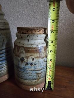 Vintage Studio Pottery Cannister Vase Utensil Holder Set Cork Tops Artist Stamp