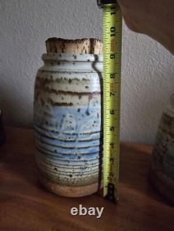 Vintage Studio Pottery Cannister Vase Utensil Holder Set Cork Tops Artist Stamp