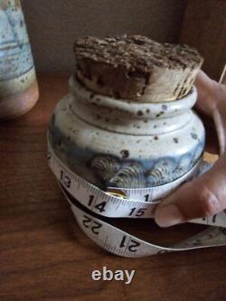 Vintage Studio Pottery Cannister Vase Utensil Holder Set Cork Tops Artist Stamp