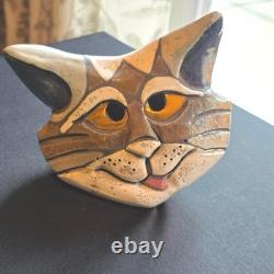 Vintage Studio Pottery Cat Head Sculpture Signed Eleanor Madonik 90s Whimsy Art