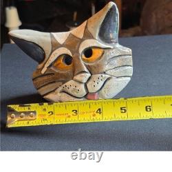 Vintage Studio Pottery Cat Head Sculpture Signed Eleanor Madonik 90s Whimsy Art