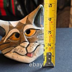 Vintage Studio Pottery Cat Head Sculpture Signed Eleanor Madonik 90s Whimsy Art