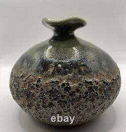Vintage Studio Pottery Ceramic Green Brown Small Vase with Lava look Rare