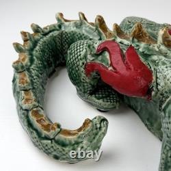 Vintage Studio Pottery Ceramic Green Dragon Large Figurine Hand Crafted 19