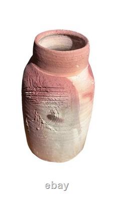 Vintage Studio Pottery Ceramic Vase Brutalist Abstract Mauve Beige Carved Signed