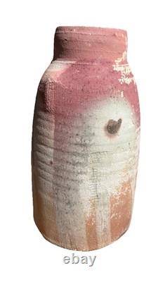 Vintage Studio Pottery Ceramic Vase Brutalist Abstract Mauve Beige Carved Signed