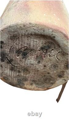 Vintage Studio Pottery Ceramic Vase Brutalist Abstract Mauve Beige Carved Signed