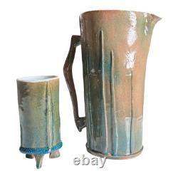 Vintage Studio Pottery Decorative Pitcher & Tripod Cup Set Signed Mac Phee