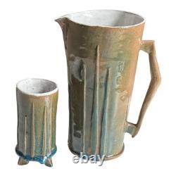 Vintage Studio Pottery Decorative Pitcher & Tripod Cup Set Signed Mac Phee