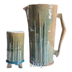 Vintage Studio Pottery Decorative Pitcher & Tripod Cup Set Signed Mac Phee