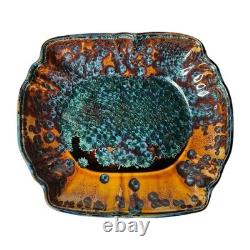 Vintage Studio Pottery Deep Amber & Teal Crystalline Glaze Ceramic Platter