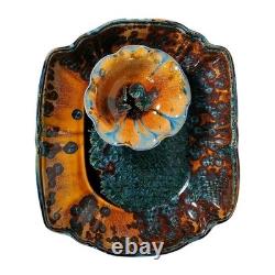 Vintage Studio Pottery Deep Amber & Teal Crystalline Glaze Ceramic Platter