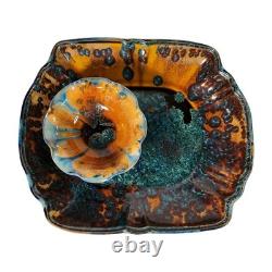 Vintage Studio Pottery Deep Amber & Teal Crystalline Glaze Ceramic Platter