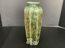 Vintage Studio Pottery Drip Glaze Vase 10.25 Tall Signed SS Crazing Ceramic