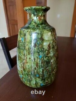 Vintage Studio Pottery Green Blue Brown Speckle Lava Glaze Vase 1934 Signed