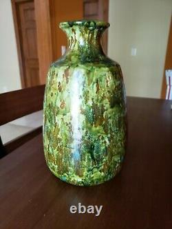 Vintage Studio Pottery Green Blue Brown Speckle Lava Glaze Vase 1934 Signed