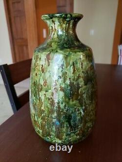 Vintage Studio Pottery Green Blue Brown Speckle Lava Glaze Vase 1934 Signed