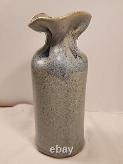 Vintage Studio Pottery Gunny Sack Vase Signed Canada 1970's Blue Grey Gray Glaze