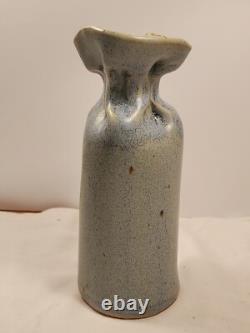 Vintage Studio Pottery Gunny Sack Vase Signed Canada 1970's Blue Grey Gray Glaze