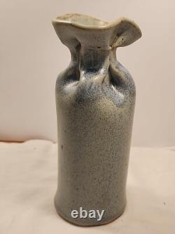 Vintage Studio Pottery Gunny Sack Vase Signed Canada 1970's Blue Grey Gray Glaze