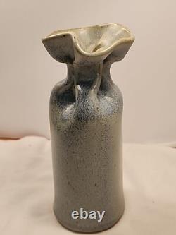 Vintage Studio Pottery Gunny Sack Vase Signed Canada 1970's Blue Grey Gray Glaze