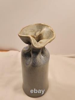 Vintage Studio Pottery Gunny Sack Vase Signed Canada 1970's Blue Grey Gray Glaze