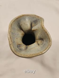 Vintage Studio Pottery Gunny Sack Vase Signed Canada 1970's Blue Grey Gray Glaze