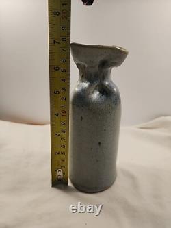 Vintage Studio Pottery Gunny Sack Vase Signed Canada 1970's Blue Grey Gray Glaze