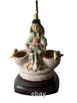 Vintage Studio Pottery Lamp Young Girl Basket Birds Handpainted Glazed 22.75
