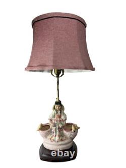 Vintage Studio Pottery Lamp Young Girl Basket Birds Handpainted Glazed 22.75